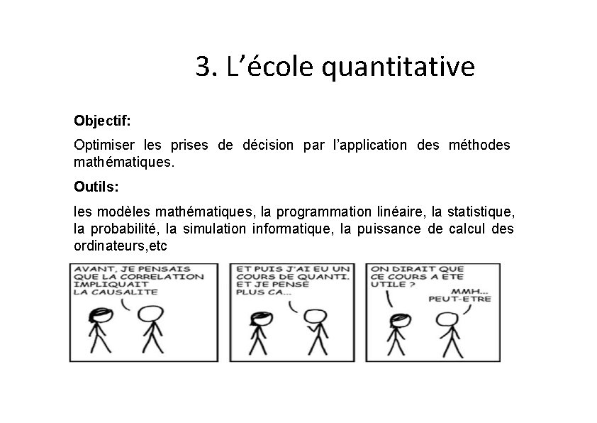 3. L’école quantitative Objectif: Optimiser les prises de décision par l’application des méthodes mathématiques.