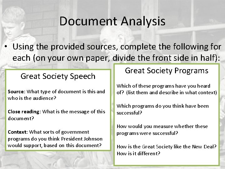 Document Analysis • Using the provided sources, complete the following for each (on your