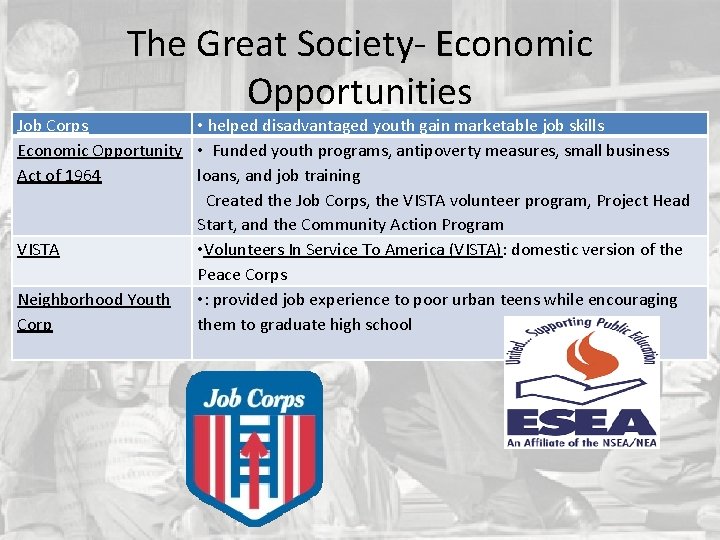 The Great Society- Economic Opportunities Job Corps • helped disadvantaged youth gain marketable job