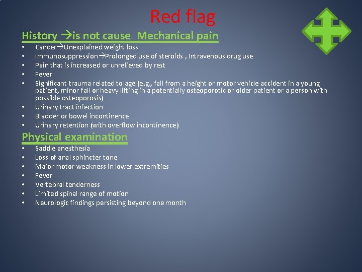 Red flag History is not cause Mechanical pain • • Cancer Unexplained weight loss Red flag History is not cause Mechanical pain • • Cancer Unexplained weight loss