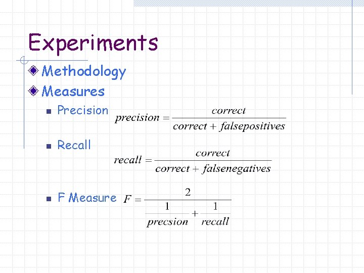 Experiments Methodology Measures n Precision n Recall n F Measure 