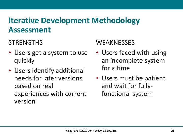 Iterative Development Methodology Assessment STRENGTHS • Users get a system to use quickly •