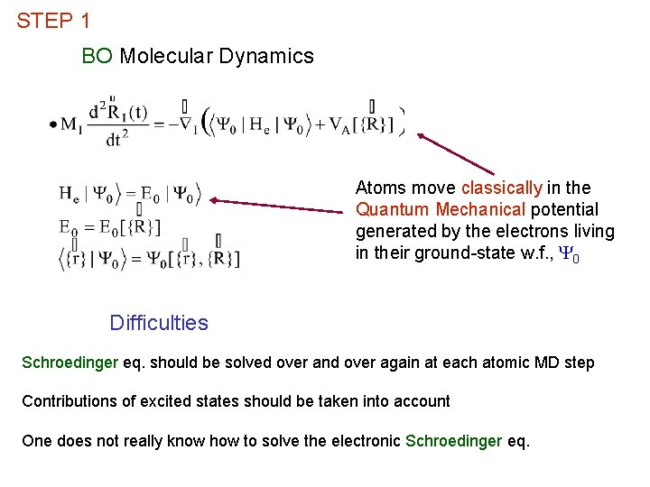 STEP 1 BO Molecular Dynamics Atoms move classically in the Quantum Mechanical potential generated
