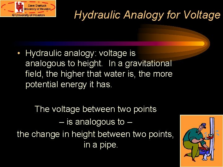 Hydraulic Analogy for Voltage • Hydraulic analogy: voltage is analogous to height. In a
