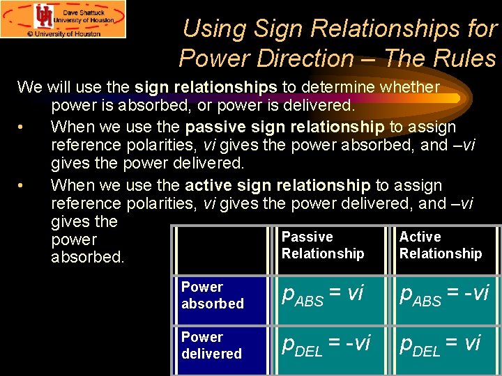 Using Sign Relationships for Power Direction – The Rules We will use the sign