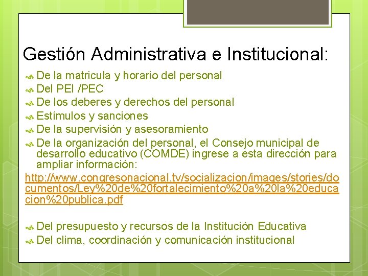 Gestión Administrativa e Institucional: De la matricula y horario del personal Del PEI /PEC
