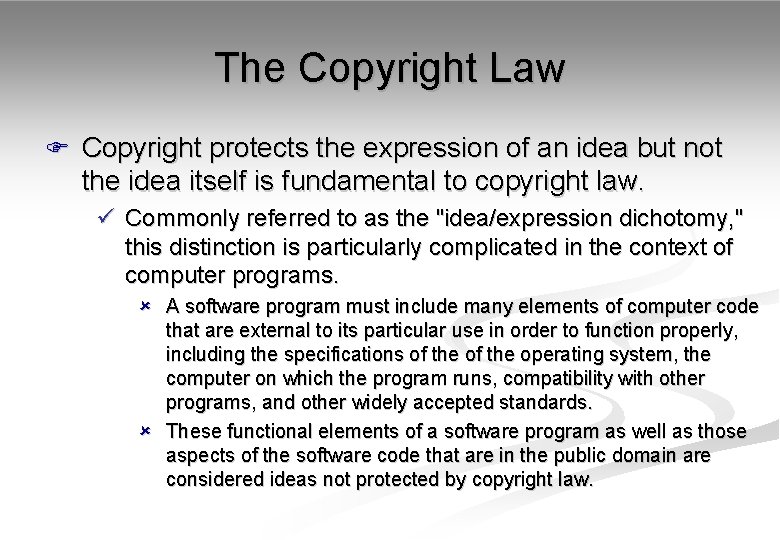 The Copyright Law F Copyright protects the expression of an idea but not the