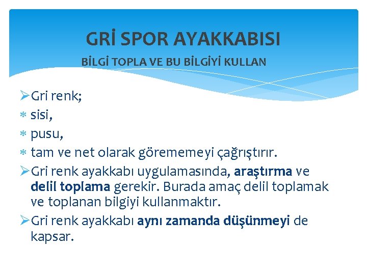 GRİ SPOR AYAKKABISI BİLGİ TOPLA VE BU BİLGİYİ KULLAN ØGri renk; sisi, pusu, tam