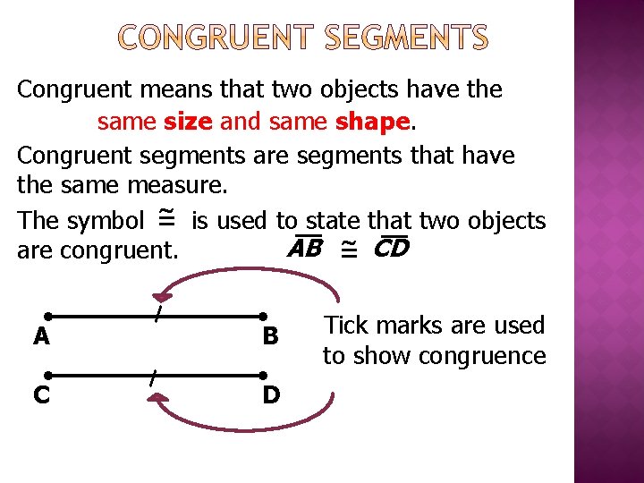 Congruent means that two objects have the same size and same shape. Congruent segments