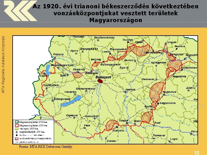 MTA Regionális Kutatások Központja Az 1920. évi trianoni békeszerződés következtében vonzásközpontjukat vesztett területek Magyarországon
