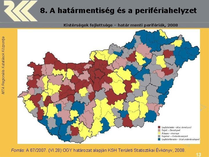 8. A határmentiség és a perifériahelyzet MTA Regionális Kutatások Központja Kistérségek fejlettsége – határ