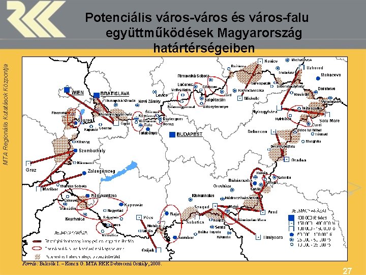 MTA Regionális Kutatások Központja Potenciális város-város és város-falu együttműködések Magyarország határtérségeiben Forrás: Balcsók I.