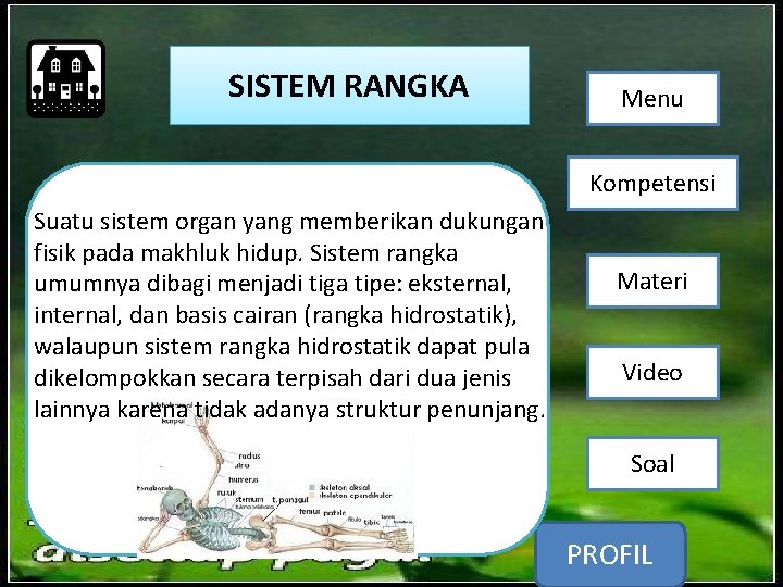 SISTEM RANGKA Menu Kompetensi Suatu sistem organ yang memberikan dukungan fisik pada makhluk hidup.