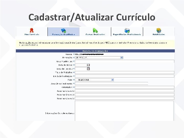 Cadastrar/Atualizar Currículo 