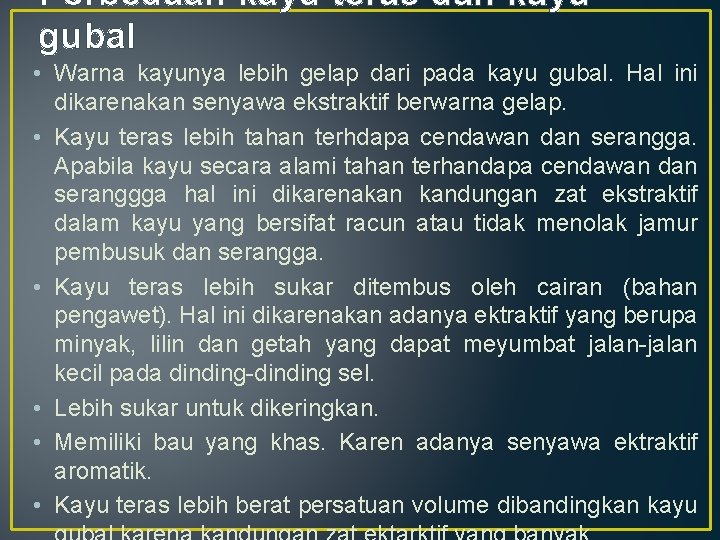 Perbedaan kayu teras dan kayu gubal • Warna kayunya lebih gelap dari pada kayu