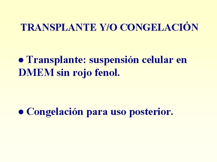 TRANSPLANTE Y/O CONGELACIÓN Transplante: suspensión celular en DMEM sin rojo fenol. Congelación para uso