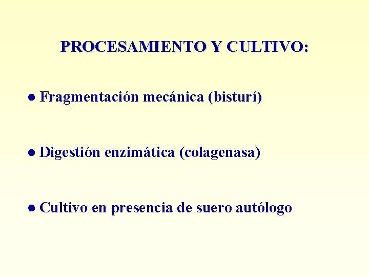 PROCESAMIENTO Y CULTIVO: Fragmentación mecánica (bisturí) Digestión enzimática (colagenasa) Cultivo en presencia de suero