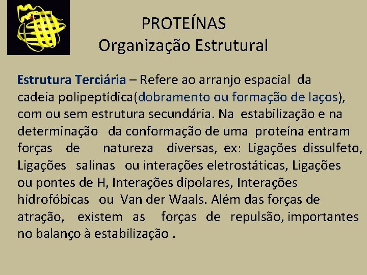 PROTEÍNAS Organização Estrutural Estrutura Terciária – Refere ao arranjo espacial da cadeia polipeptídica(dobramento ou