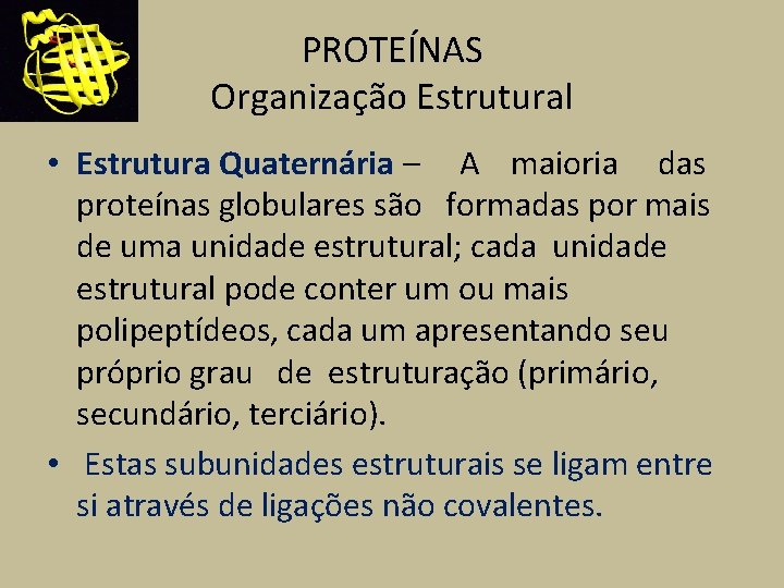 PROTEÍNAS Organização Estrutural • Estrutura Quaternária – A maioria das proteínas globulares são formadas