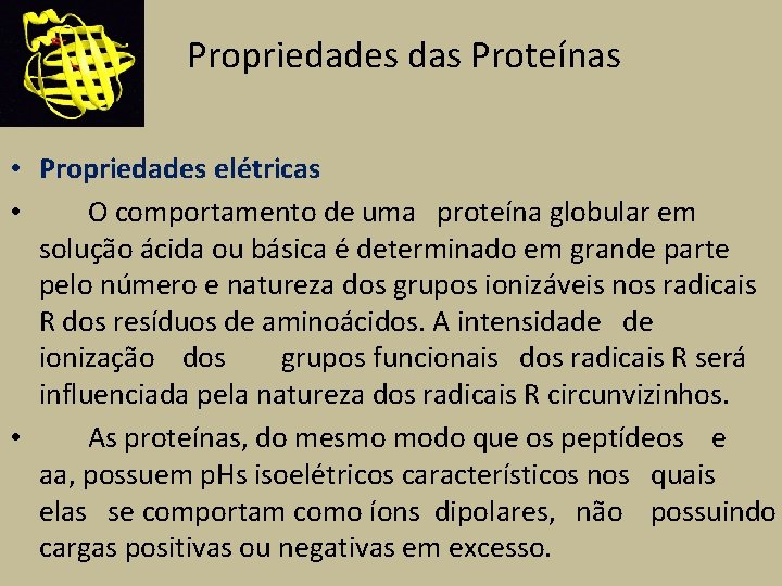 Propriedades das Proteínas • Propriedades elétricas • O comportamento de uma proteína globular em