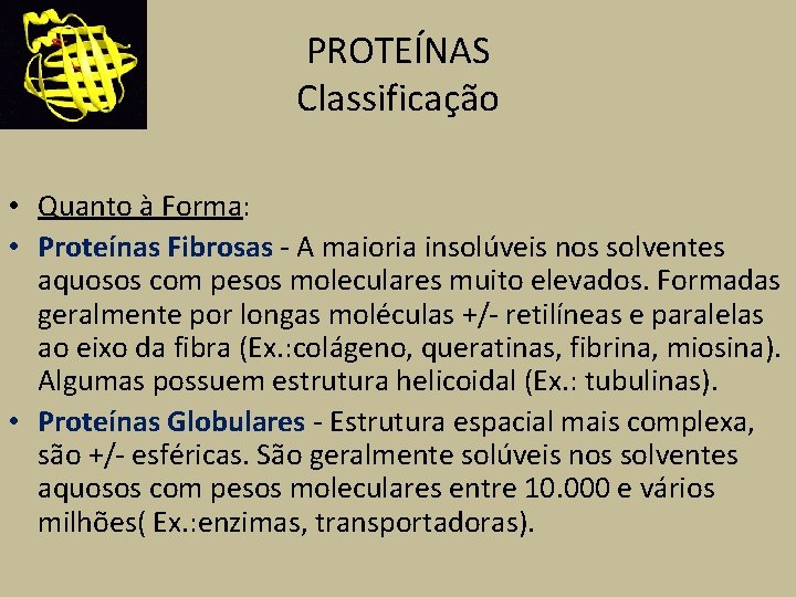 PROTEÍNAS Classificação • Quanto à Forma: • Proteínas Fibrosas - A maioria insolúveis nos