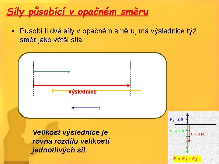 Síly působící v opačném směru • Působí li dvě síly v opačném směru, má