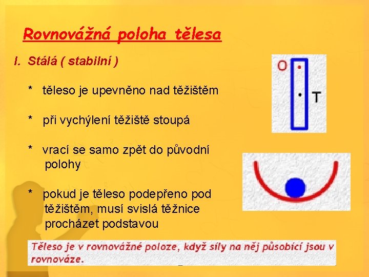 Rovnovážná poloha tělesa I. Stálá ( stabilní ) * těleso je upevněno nad těžištěm