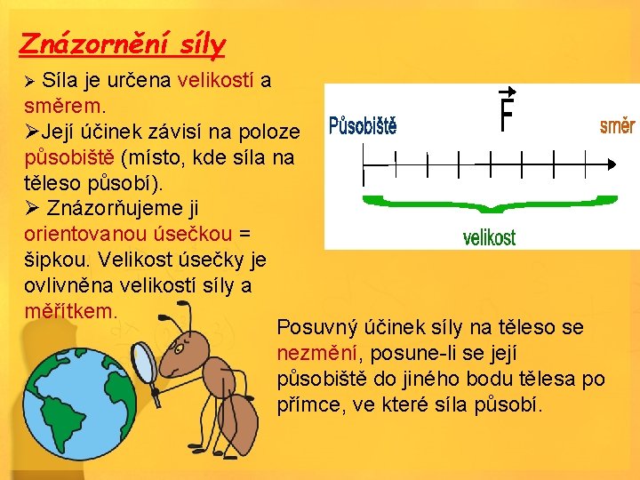 Znázornění síly Ø Síla je určena velikostí a směrem. ØJejí účinek závisí na poloze