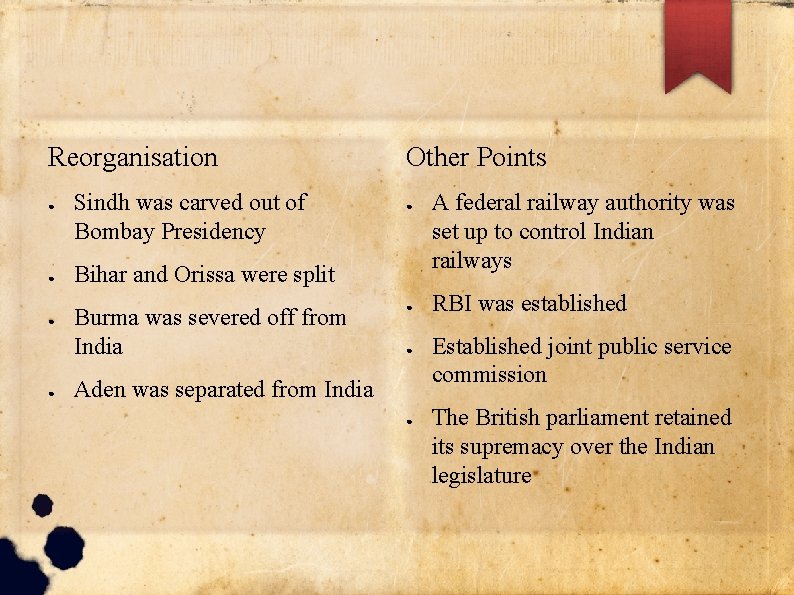 Reorganisation ● ● Sindh was carved out of Bombay Presidency Other Points ● Bihar Reorganisation ● ● Sindh was carved out of Bombay Presidency Other Points ● Bihar