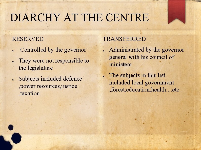 DIARCHY AT THE CENTRE RESERVED ● ● ● Controlled by the governor TRANSFERRED ● DIARCHY AT THE CENTRE RESERVED ● ● ● Controlled by the governor TRANSFERRED ●