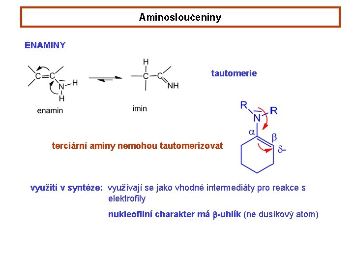 Aminosloučeniny ENAMINY tautomerie terciární aminy nemohou tautomerizovat využití v syntéze: využívají se jako vhodné