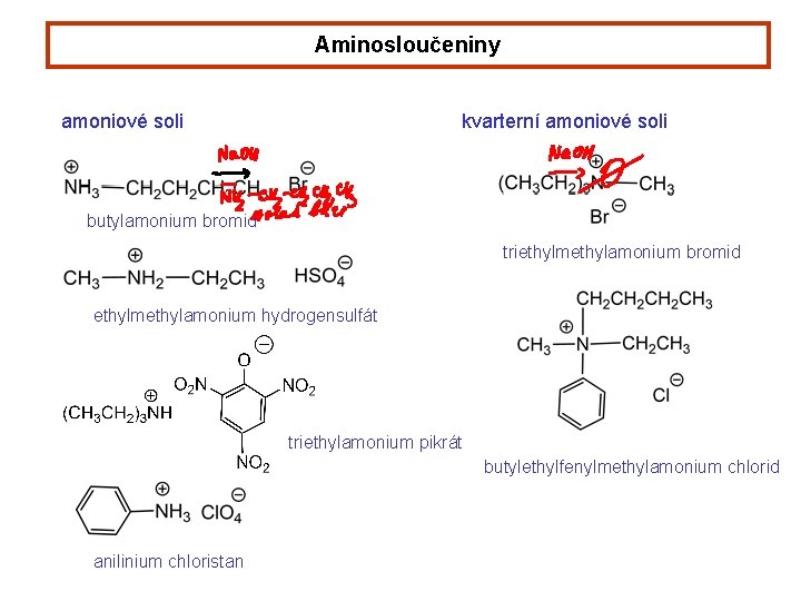 Aminosloučeniny amoniové soli kvarterní amoniové soli butylamonium bromid triethylmethylamonium bromid ethylmethylamonium hydrogensulfát triethylamonium pikrát