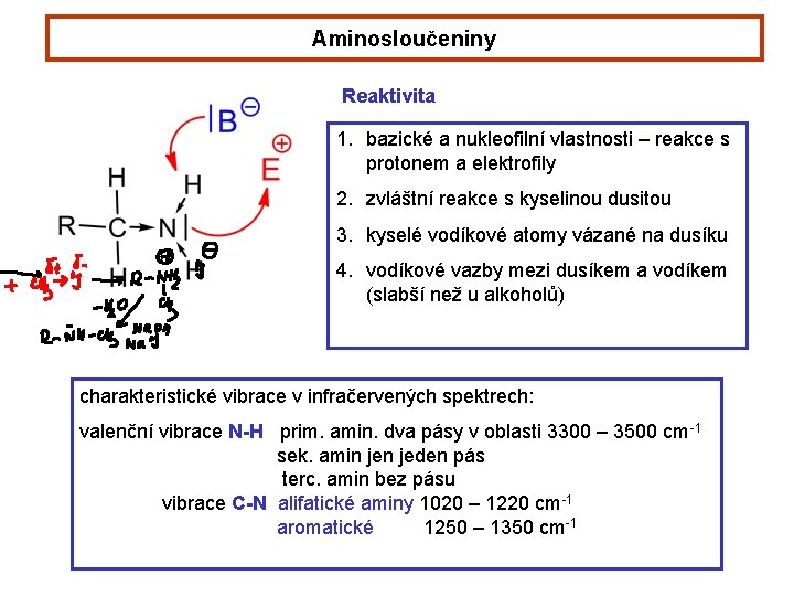 Aminosloučeniny Reaktivita 1. bazické a nukleofilní vlastnosti – reakce s protonem a elektrofily 2.