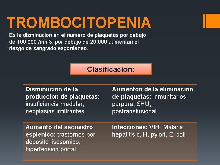 TROMBOCITOPENIA Es la disminucion en el numero de plaquetas por debajo de 100. 000