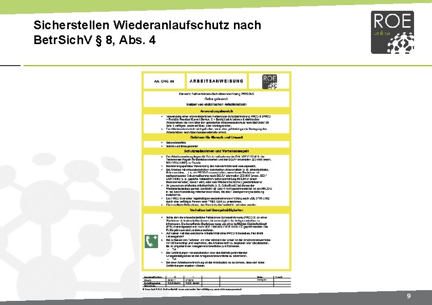 Sicherstellen Wiederanlaufschutz nach Betr. Sich. V § 8, Abs. 4 9 