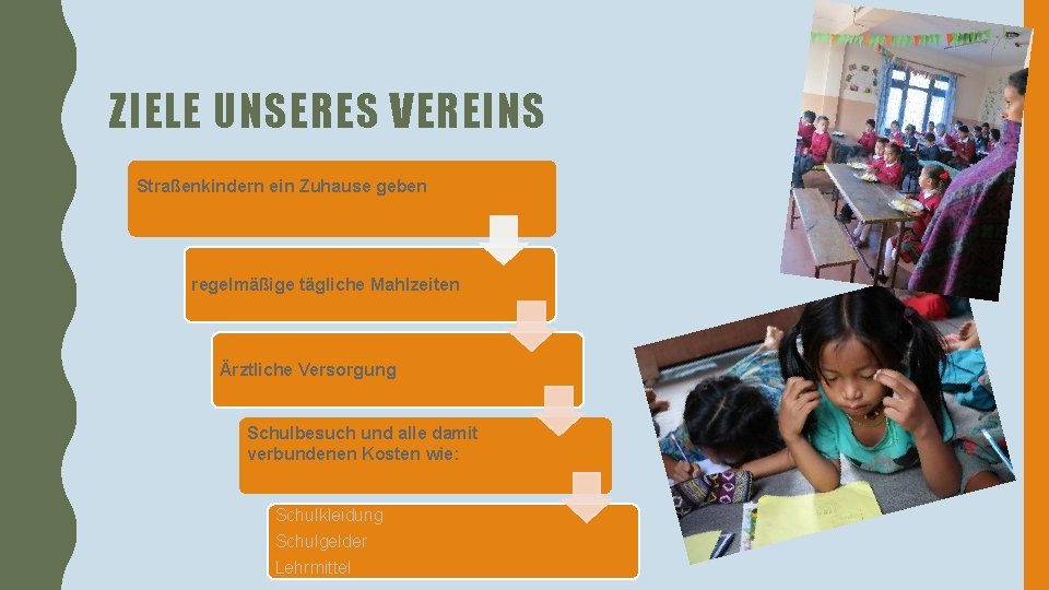 ZIELE UNSERES VEREINS Straßenkindern ein Zuhause geben regelmäßige tägliche Mahlzeiten Ärztliche Versorgung Schulbesuch und