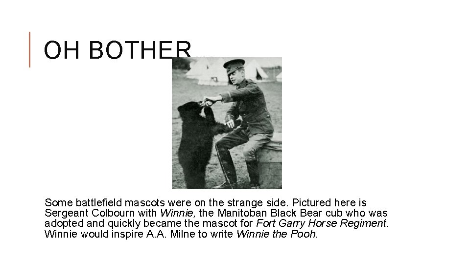 OH BOTHER… Some battlefield mascots were on the strange side. Pictured here is Sergeant OH BOTHER… Some battlefield mascots were on the strange side. Pictured here is Sergeant