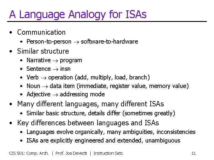 A Language Analogy for ISAs • Communication • Person-to-person software-to-hardware • Similar structure •