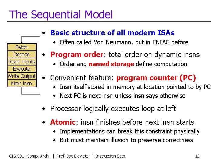 The Sequential Model • Basic structure of all modern ISAs Fetch Decode Read Inputs