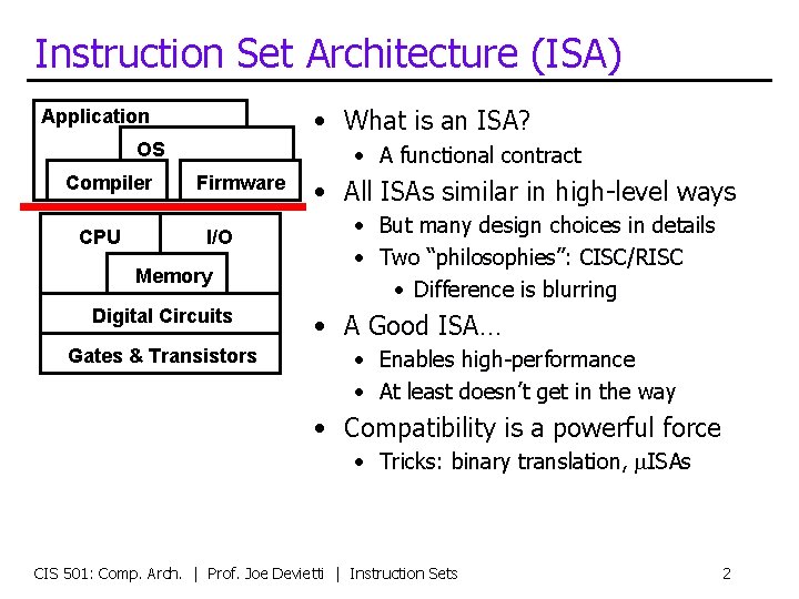 Instruction Set Architecture (ISA) • What is an ISA? Application OS Compiler CPU •