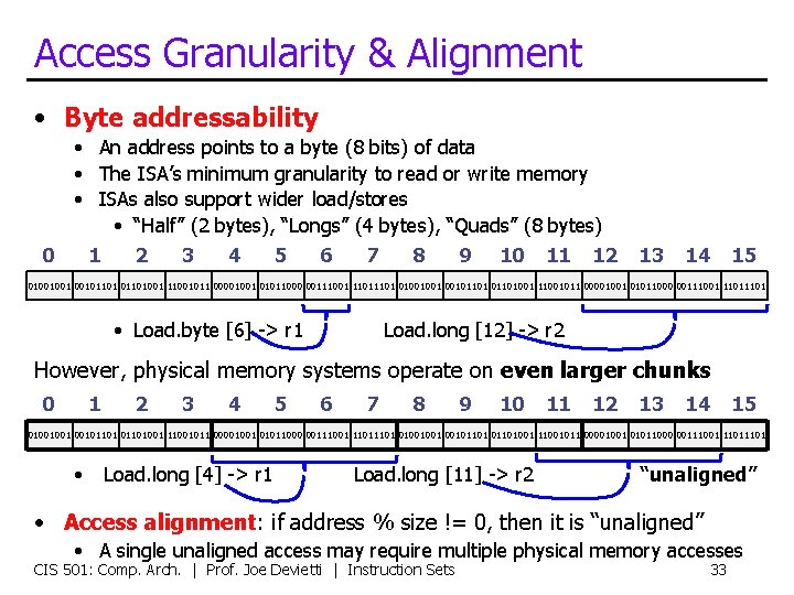 Access Granularity & Alignment • Byte addressability • An address points to a byte