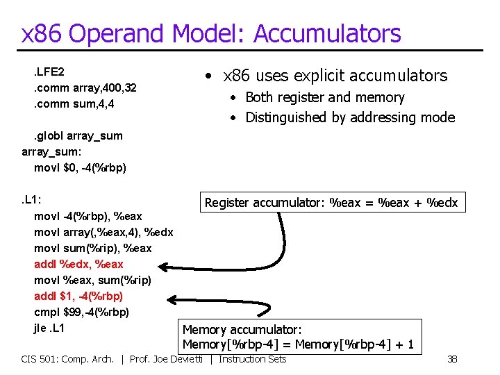 x 86 Operand Model: Accumulators. LFE 2. comm array, 400, 32. comm sum, 4,