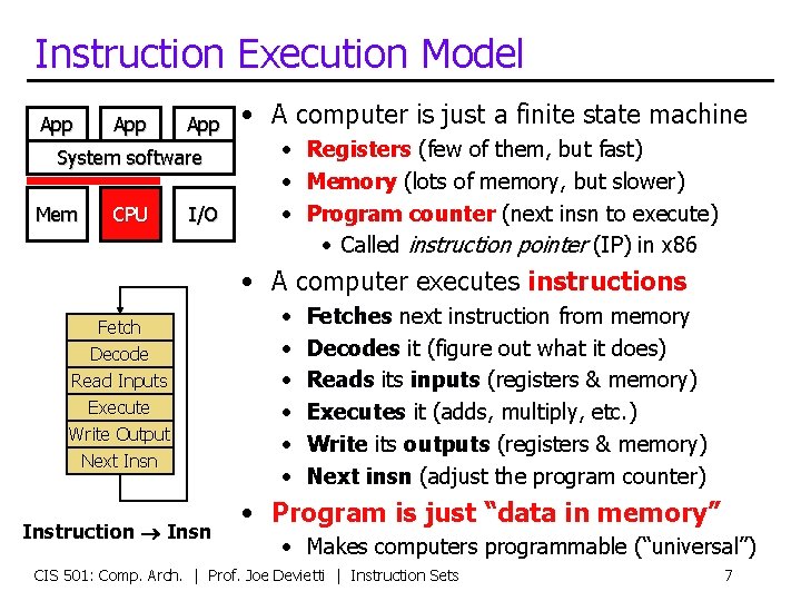 Instruction Execution Model App App System software Mem CPU I/O • A computer is