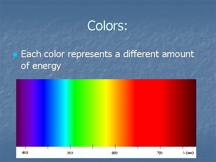 Colors: n Each color represents a different amount of energy 