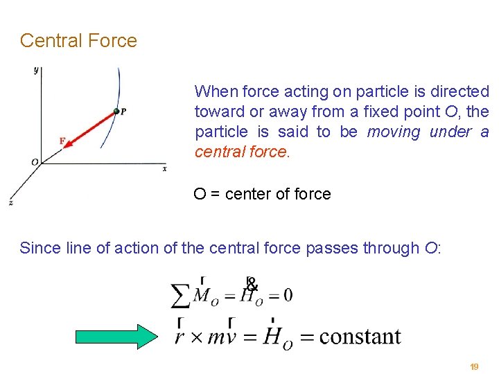 Central Force When force acting on particle is directed toward or away from a
