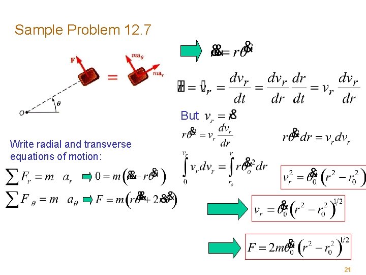 Sample Problem 12. 7 But Write radial and transverse equations of motion: 21 