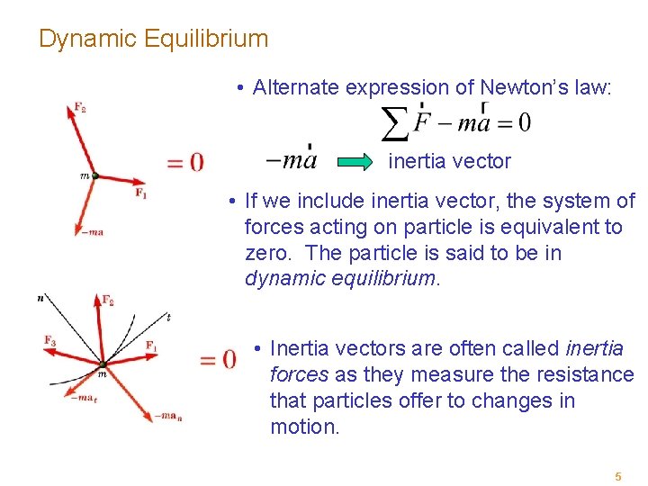 Dynamic Equilibrium • Alternate expression of Newton’s law: inertia vector • If we include