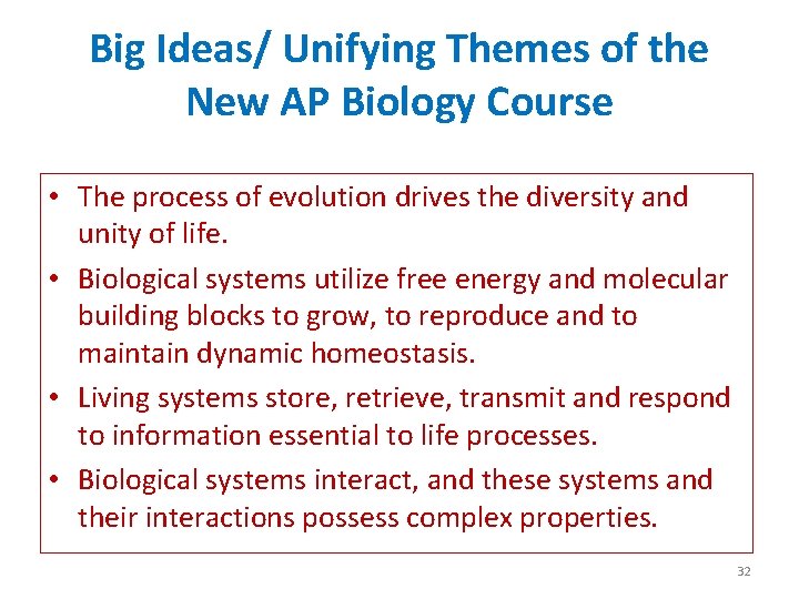 Big Ideas/ Unifying Themes of the New AP Biology Course • The process of Big Ideas/ Unifying Themes of the New AP Biology Course • The process of