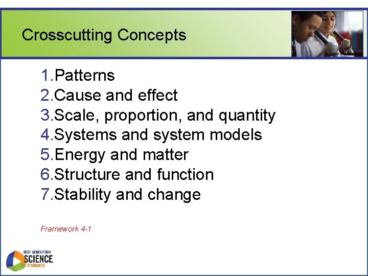 Crosscutting Concepts 1. Patterns 2. Cause and effect 3. Scale, proportion, and quantity 4. Crosscutting Concepts 1. Patterns 2. Cause and effect 3. Scale, proportion, and quantity 4.
