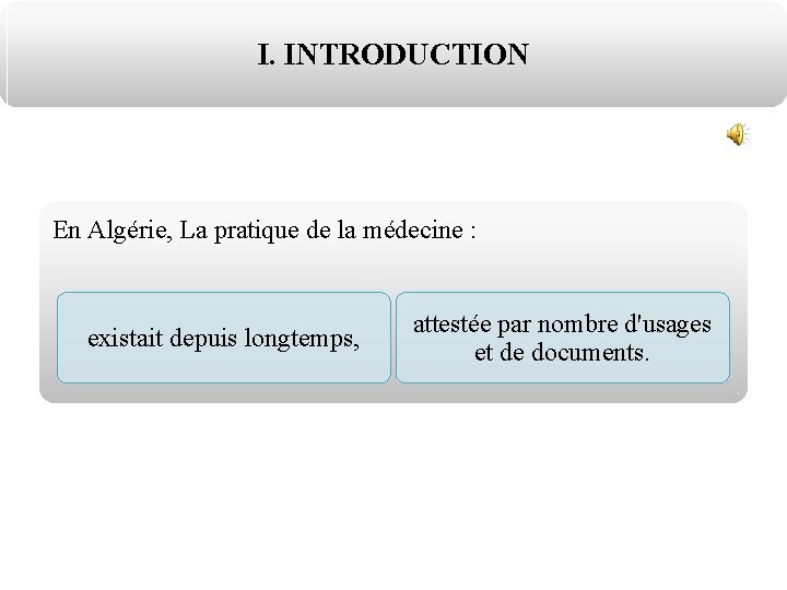 I. INTRODUCTION En Algérie, La pratique de la médecine : existait depuis longtemps, attestée